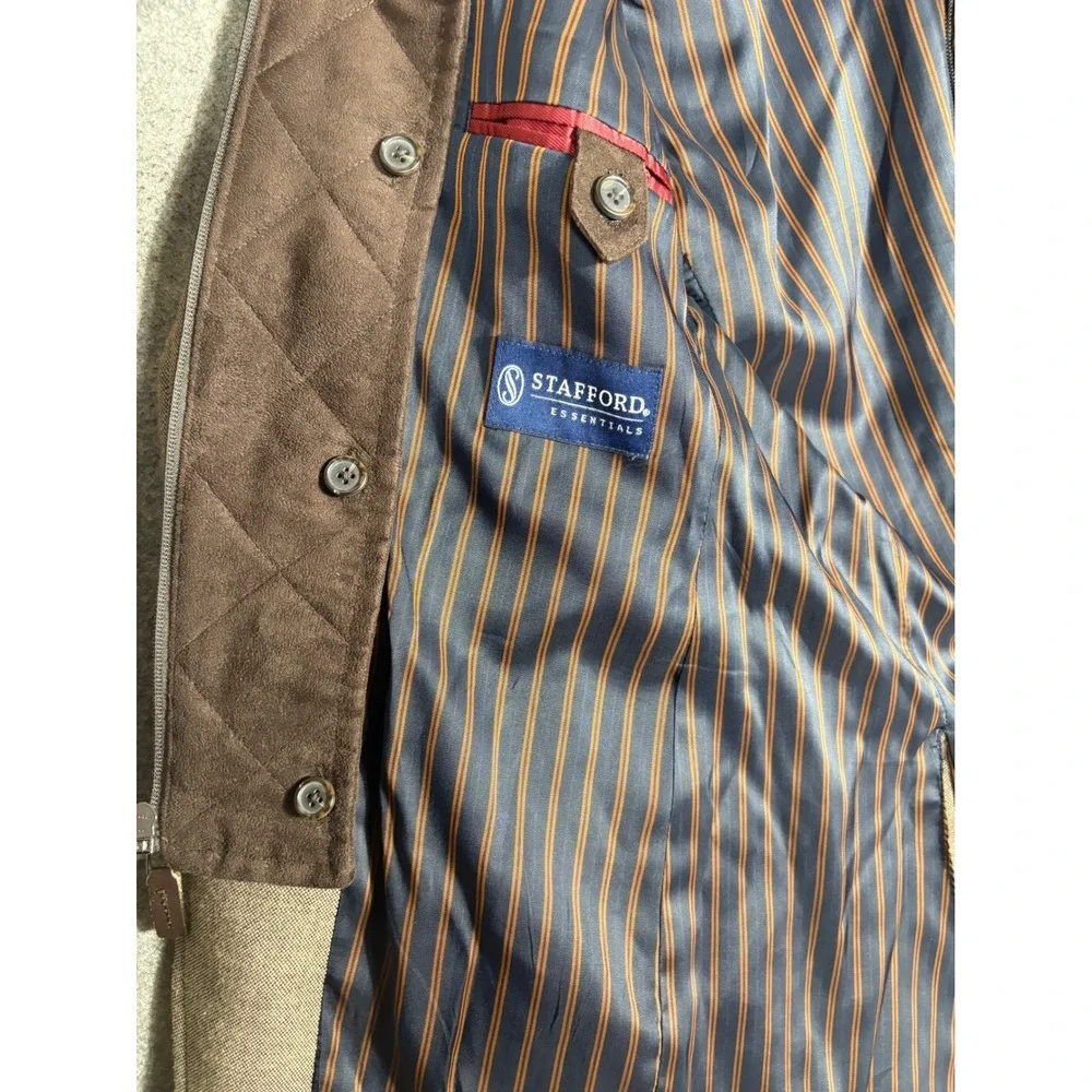 Stafford Essentials Mens 40R Slim Fit Brown Wool Blend Blazer Quilted Bib Jacket